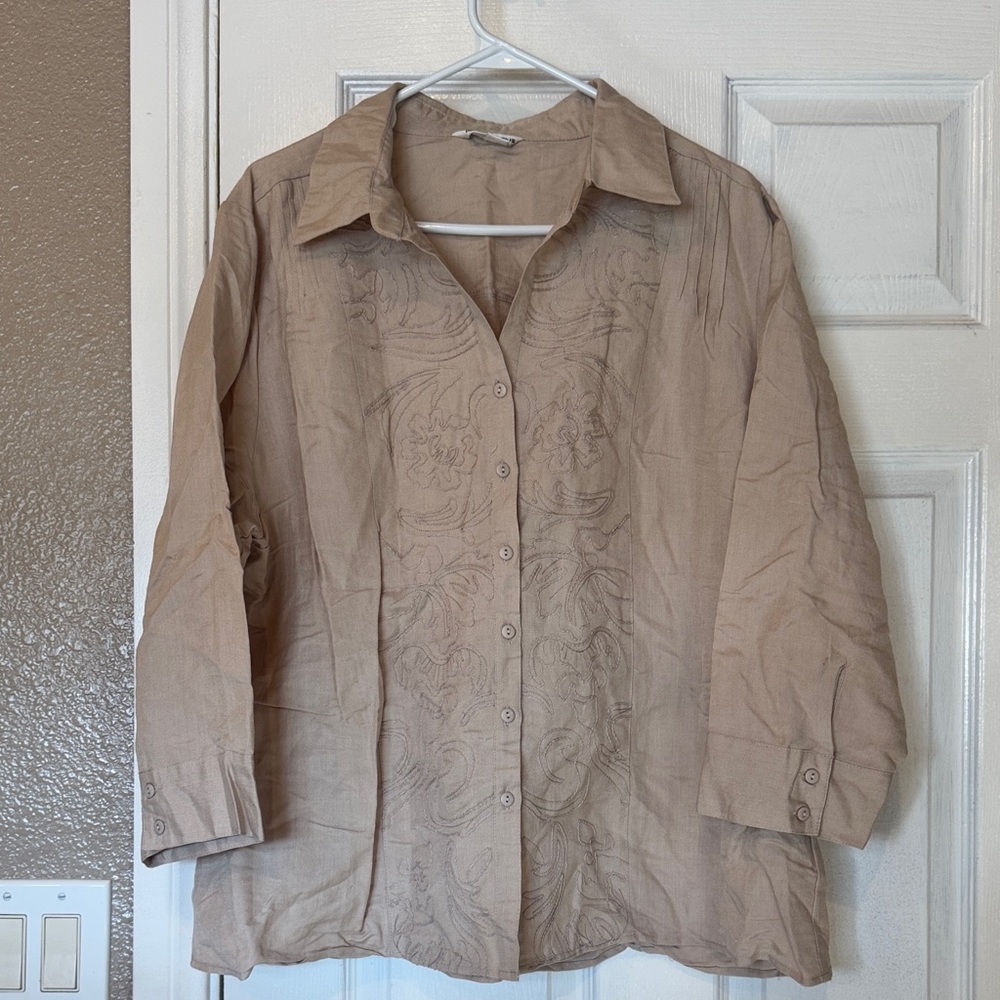 Tan Button-Up Blouse Stitch Details